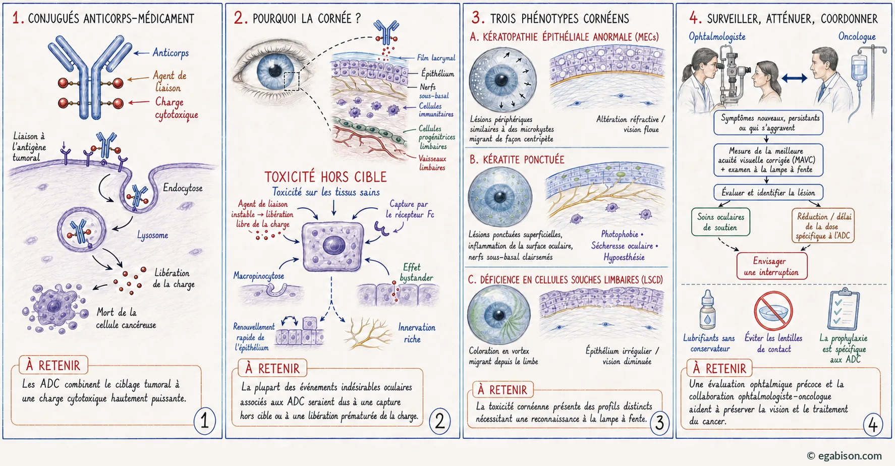 Planche de synthèse en quatre volets : architecture des ADC, vulnérabilité cornéenne, trois phénotypes cornéens, surveillance et coordination.