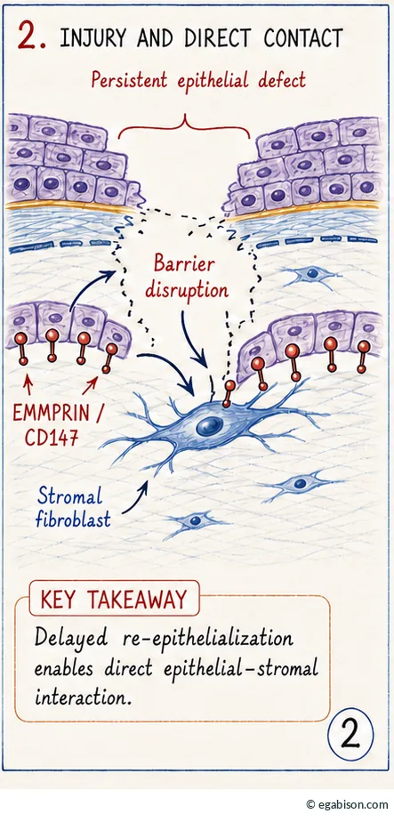Diagram of a persistent epithelial defect: barrier disruption and direct contact between epithelium and stromal fibroblast expressing EMMPRIN/CD147