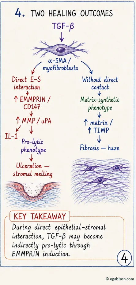 Diagram of two healing outcomes: myofibroblast with direct epithelial-stromal interaction (pro-lytic phenotype, ulceration) versus without direct contact (synthetic phenotype, fibrosis)