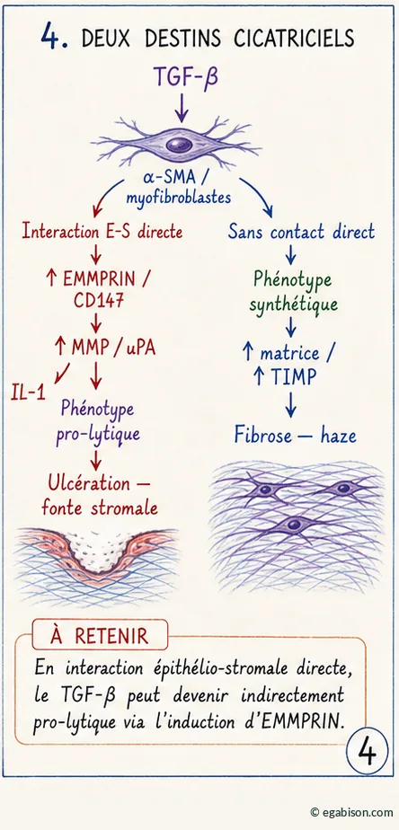 Schéma des deux destins cicatriciels : myofibroblaste avec interaction épithélio-stromale directe (phénotype pro-lytique, ulcération) versus sans contact direct (phénotype synthétique, fibrose)