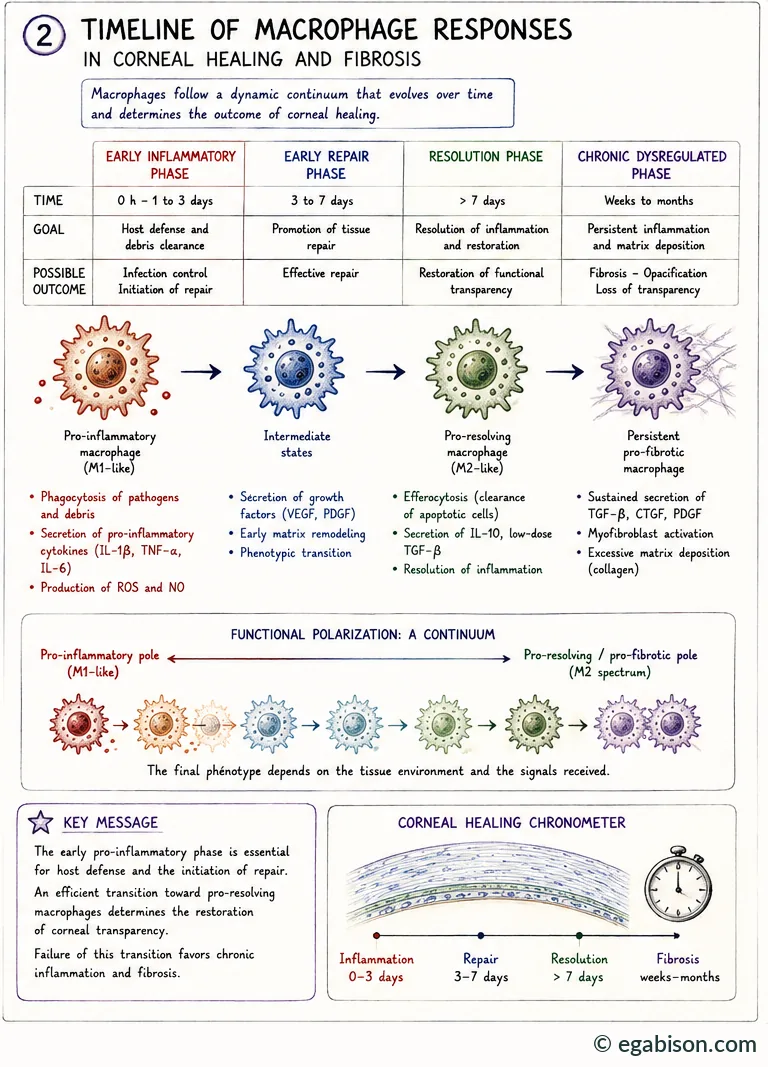 Timeline of macrophage responses in corneal healing and fibrosis: four phases, from pro-inflammatory macrophage to persistent pro-fibrotic macrophage