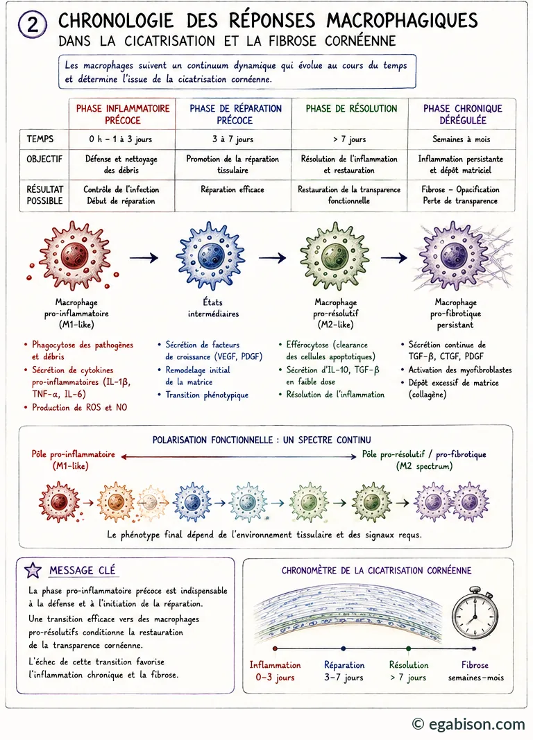 Chronologie des réponses macrophagiques dans la cicatrisation et la fibrose cornéenne : quatre phases, du macrophage pro-inflammatoire au macrophage pro-fibrotique persistant