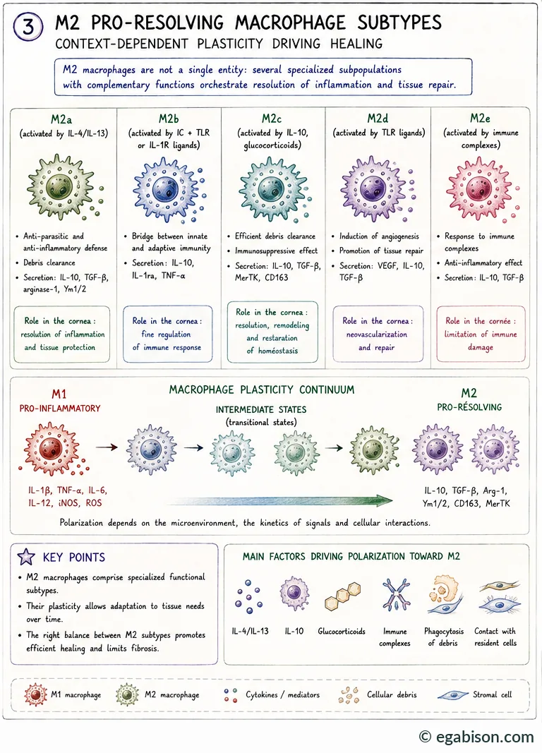 M2 pro-resolving macrophage subtypes: M2a, M2b, M2c, M2d, M2eff, with their activating signals, functions and role in the cornea