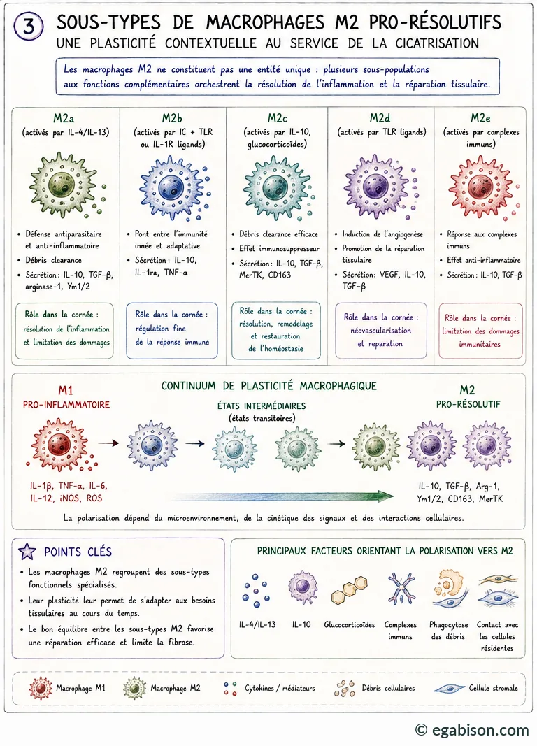 Sous-types de macrophages M2 pro-résolutifs : M2a, M2b, M2c, M2d, M2eff, avec leurs signaux d'activation, fonctions et rôle dans la cornée