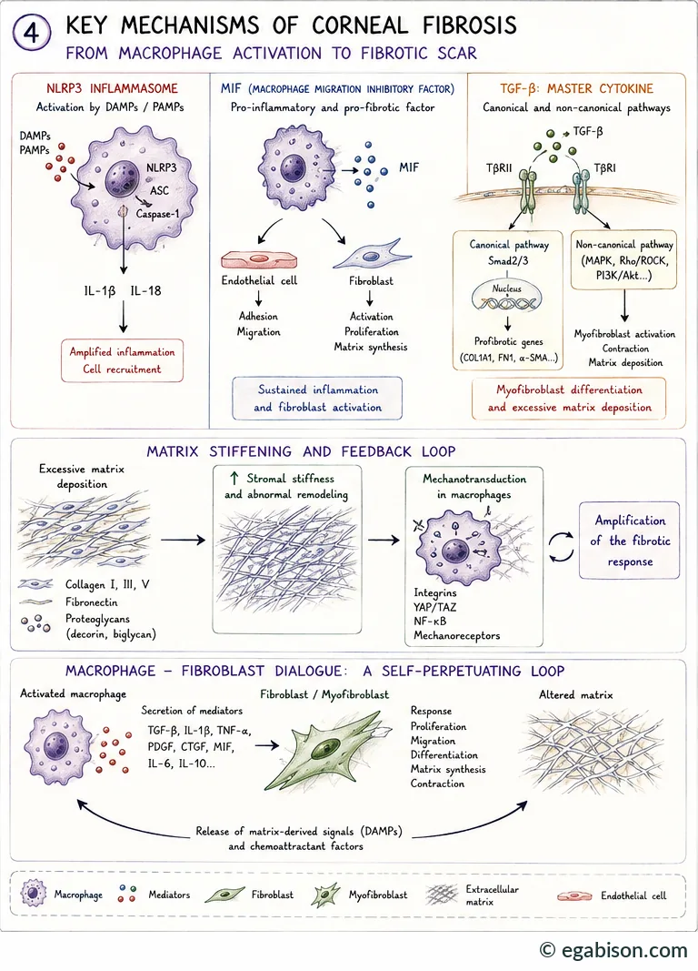 Key mechanisms of corneal fibrosis: NLRP3 inflammasome, MIF, TGF-β, matrix stiffening and feedback loop, macrophage-fibroblast dialogue