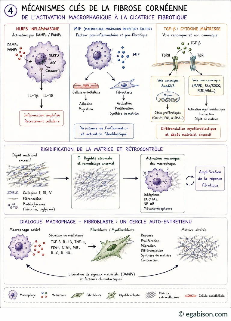 Mécanismes clés de la fibrose cornéenne : inflammasome NLRP3, MIF, TGF-β, rigidification de la matrice et rétrocontrôle, dialogue macrophage-fibroblaste