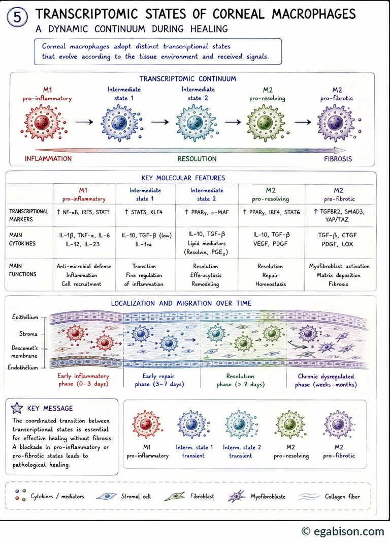 Transcriptomic states of corneal macrophages: five-state continuum, transcriptional markers, main cytokines, functions and localization over time