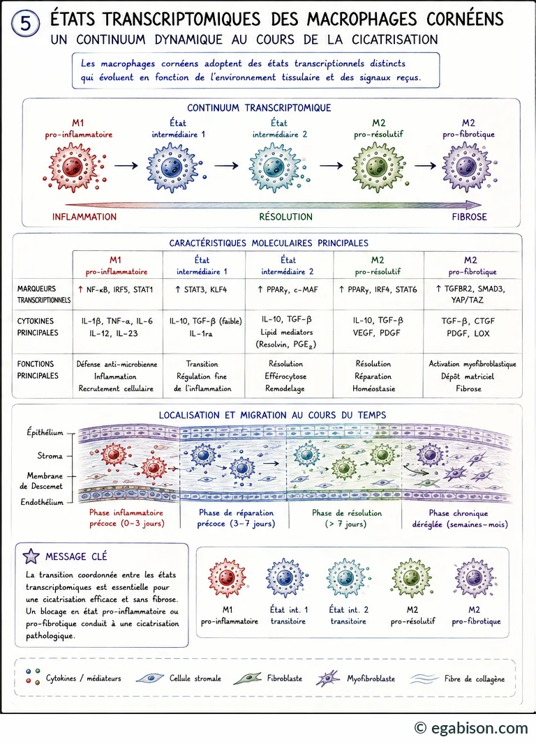 États transcriptomiques des macrophages cornéens : continuum de cinq états, marqueurs transcriptionnels, cytokines principales, fonctions et localisation au cours du temps