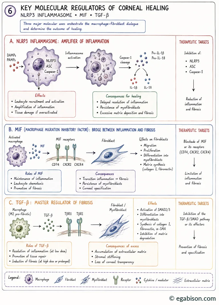 Key molecular regulators of corneal healing: NLRP3 inflammasome, MIF, TGF-β, with their effects, consequences for healing and therapeutic targets