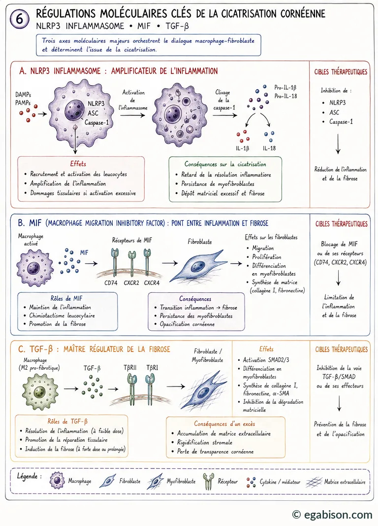 Régulations moléculaires clés de la cicatrisation cornéenne : inflammasome NLRP3, MIF, TGF-β, avec leurs effets, conséquences sur la cicatrisation et cibles thérapeutiques