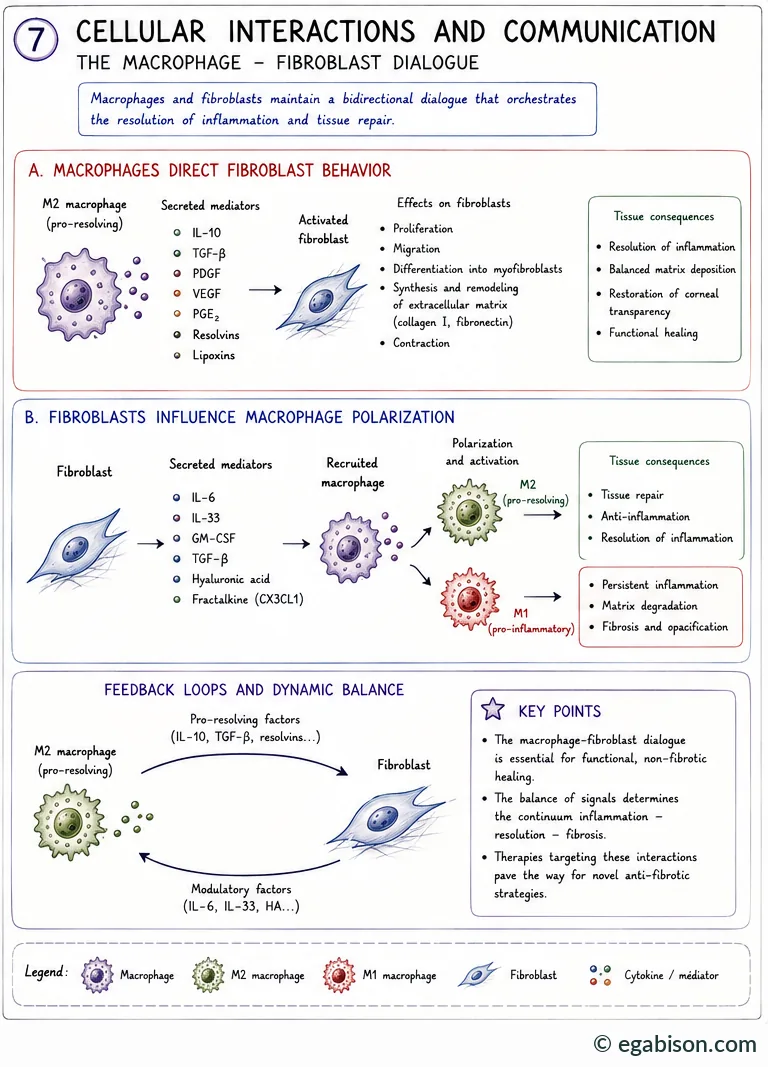 Cellular interactions and communication: bidirectional dialogue between macrophages and fibroblasts, feedback loops