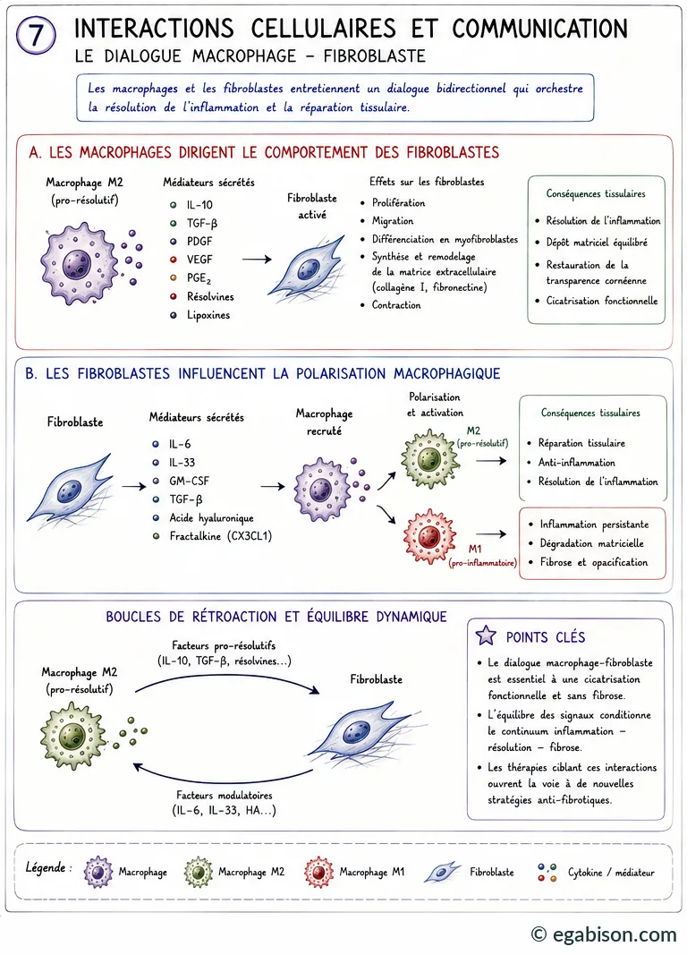 Interactions cellulaires et communication : dialogue bidirectionnel entre macrophages et fibroblastes, boucles de rétroaction