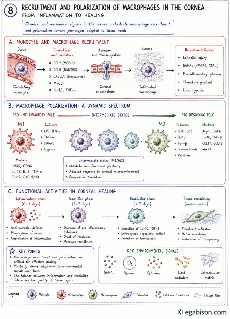 Recruitment and polarization of macrophages in the cornea: recruitment chemokines, M1-M2 polarization spectrum, functional activities according to the healing phase