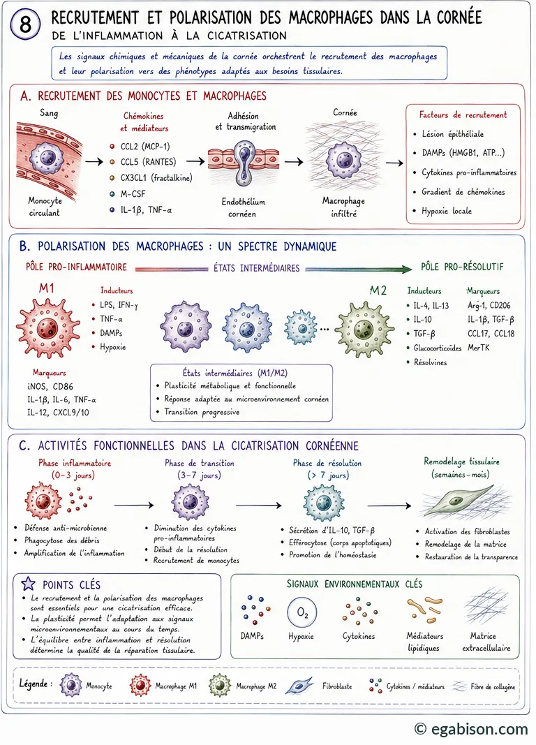 Recrutement et polarisation des macrophages dans la cornée : chémokines de recrutement, spectre de polarisation M1-M2, activités fonctionnelles selon la phase de cicatrisation